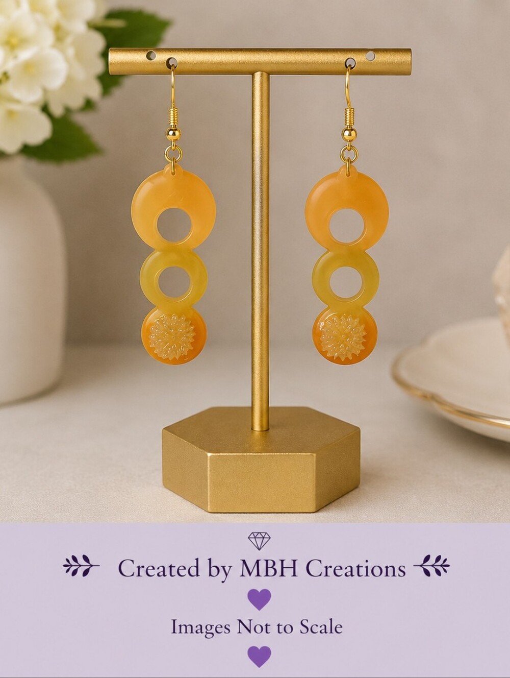 #559 HAND CRAFTED Earrings handcrafted handmade Resin Brown Orange Floral